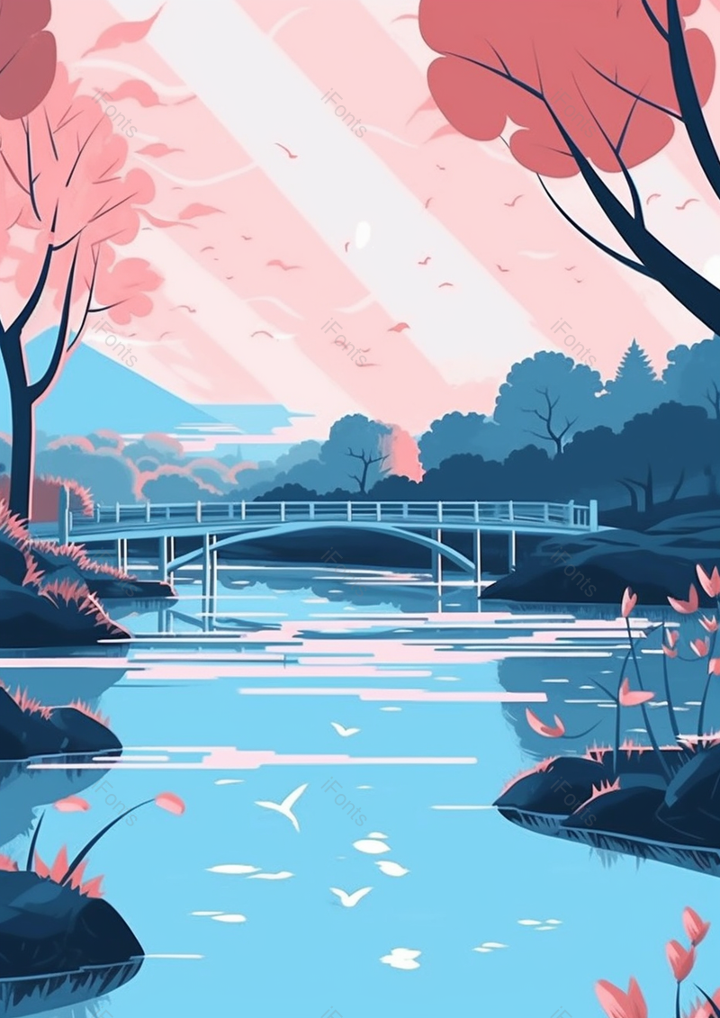 夏天的桥边日出插画背景自然景色手绘,插画/手绘图,插画/手绘图库,插画/手绘图下载,插画/手绘